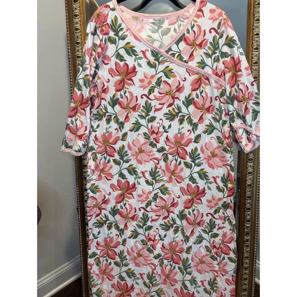 Garnet Hill Asian Wrap Pajama Nightgown Pink, M, Floral Cotton Organic